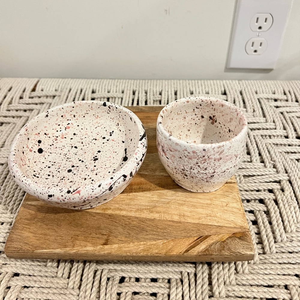 Vintage hand made, signed Speckled Ceramic Bowl and Cup Set